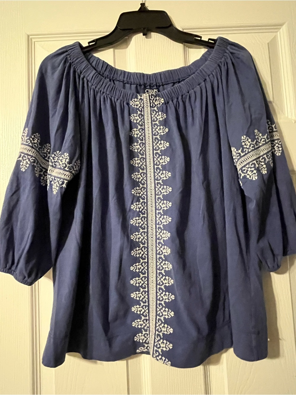 Chaps Navy Peasant Top with White Embroidery